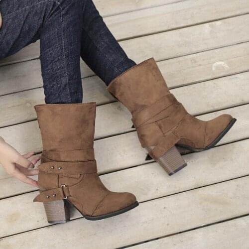 New Rome Style Ankle Boots Women Round Toe Med Square Heel Boots Winter Zipper Warm Boots Band Decoration Flock Boot Zapatos