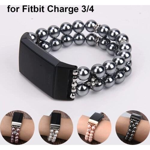 Beaded Band for Fitbit Charge 3/ Charge 3 SE Bracelet Replacement Wristband for Women Charge 4 Strap with Bling Jewelry Pearl