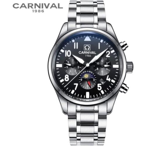 Carnival clock Automatic Mechanical Mens Watches Brand Moon Phase Waterproof Date Calendar Luminous Silver Relogio Masculino