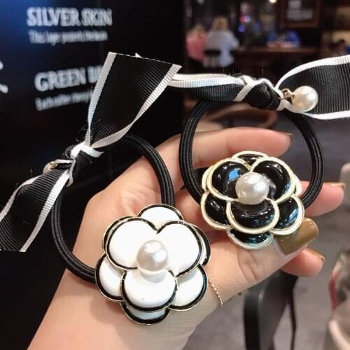 Black White Pearl Flower Hair Ties Ropes Headbands Handmade Camellia Rose Wedding Floral Headdress Elastic Hair Bands Wholesale