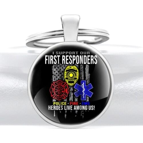 Classic First Responders Fireman EMT Glass Dome key Chains Charm Men Women Key Ring Jewelry Gifts