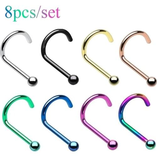 8pcs Nose Ring Nose Stud Stainless Steel Ball Nose Bone Nostril Piercing Set Nariz Punk for Women Man Fashion Body Jewelry 20G