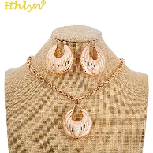 Ethlyn 2018 African Jewelry Set Rose Gold Color Wedding Jewelry Hollow Drop Pendant Necklace Earrings Jewelry Sets for Women Hot