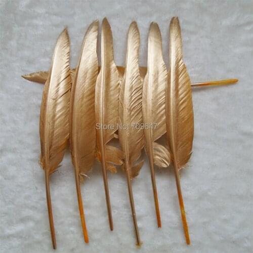 Beautiful Hand Painting Feathers,Orange Goose Quill Feathers with Gold Painting,50Pcs/Lot 14-16" wedding DIY party performance