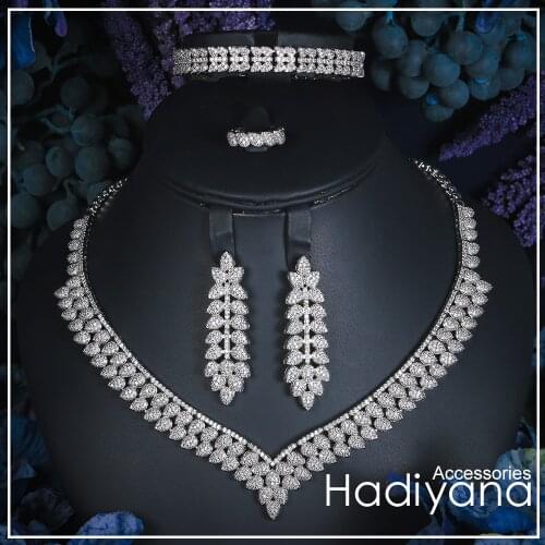 Hadiyana Sparkling Pave Cubic Zircon Jewelry Set Crystal 4pcs V Shape Water Drop Trendy Big Set For Women Wedding or Party CN166