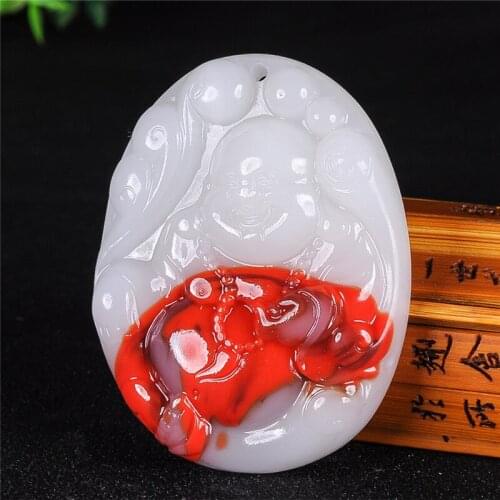 Natural Color Hand Carved Buddha Jade Pendant Jewelry Necklace Laughing Buddha Pendant Jade Pendant Sweater Necklace