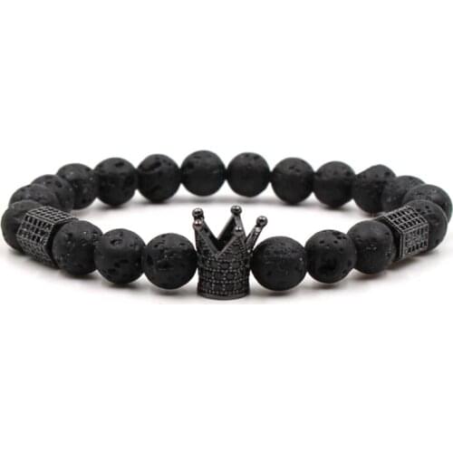 Charm Natural stone bracelets High quality Golden&Black Crown Dumbbells Mens bracelets Lava Beads Bracelet For Women Men