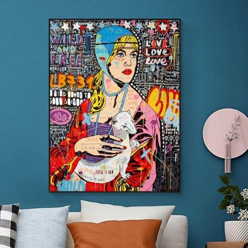 Pop Art Graffiti Posters and Prints Wall Canvas Famous Painting Leonardo Da Vinci-The Lady With An Ermine Picture for Room Decor