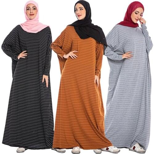 Casual Women Muslim Stripe Bat Sleeve Maxi Dress Dubai Islamic Jilbab Kaftan Loose Turkey Ladies Clothing Dresses Vintage New