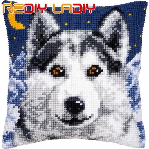 REDIY Cross Stitch Cushion Cover HUSKY NIGHT Decorative Pillow Case Chunky Yarn Cross-Stitch Kits Pre-Printed Sofa Chair Cushion