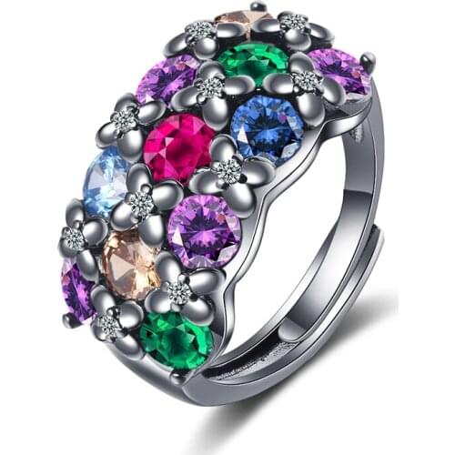 Romantic Flower Multicolor Crystal Wedding Rings For Women Statement Big Finger Ring Jewelry Female Hand Band Accessories Gifts