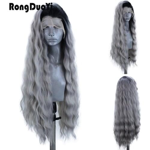 RONGDUOYI Ombre Gray Synthetic Lace Front Wig Long Natural Wave Wigs for Women Side Part High Temperature Lace Wig Grey Wigs