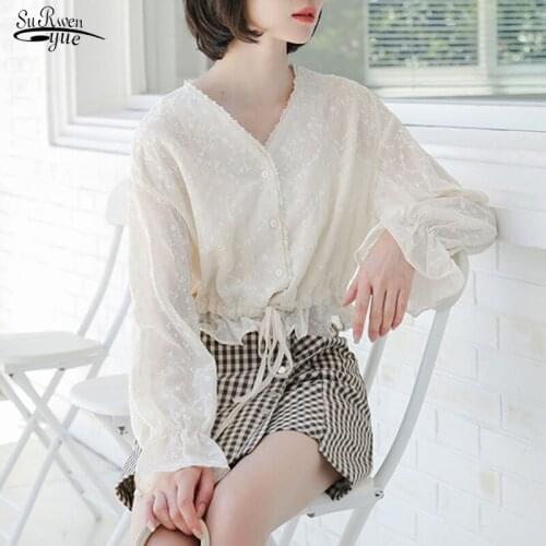 Autumn New Long Sleeve White Sunscreen Tops Korean Embroidered Lace Blouse Women V Neck Casual Lace Up Slim Shirts Flowers 15706