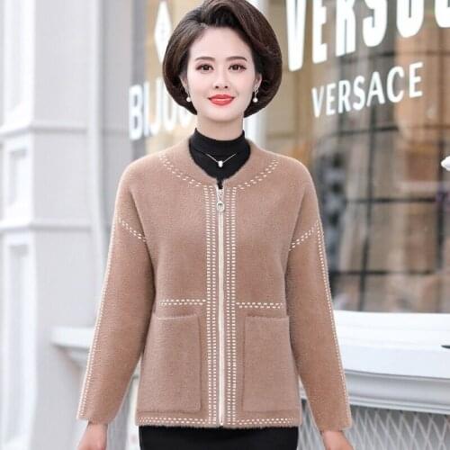 Women Winter Jacket High Quality Thick O-neck Imitation Mink Cashmere Coat Middle-aged Mother Knit Cardigan Sweater Jacket X311