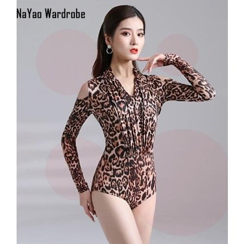 2021 L2122 New Women Latin Dance Bodysuit Shoulder Hole Leopard Latin Dancing Tops for Samba Tango Chacha Belly Performamnce