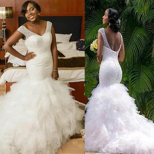 Plus Size Mermaid Wedding Dresses V Neck Bling Beaded Tiered Ruffles Wedding Gowns Chapel Corset Back Bridal Dress