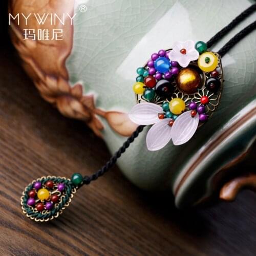 Fashion vintage necklace women glass glazed jewelry,New ethnic necklace nature stones sweater necklace bronze accessories