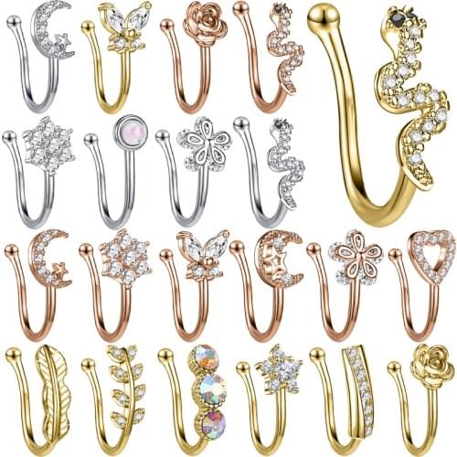 ZS Gold Plate Nose Cuff Stainless Steel Fake Nose Ring Shiny Crystal Nose Piercing Moon Flower Heart Shape Nose Septum Clip On