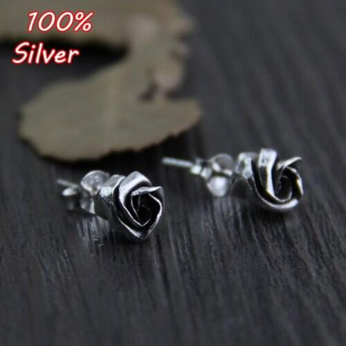1 Pair 925 Sterling Silver Color Stud Earring Vintage Rose Flower Design Handmade DIY Exquisite Jewelry Accessories
