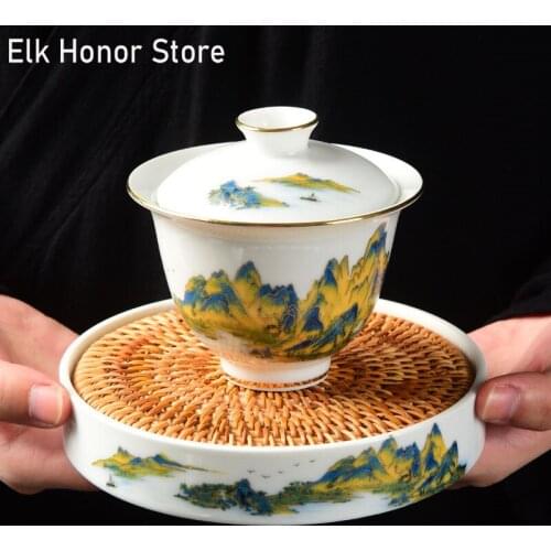 White Pottery Sancai Gaiwan Single Cups Hand Painted Landscape Gaiwan Tea Cups Kung Fu Ceramic Tea Bowl Office Decoration