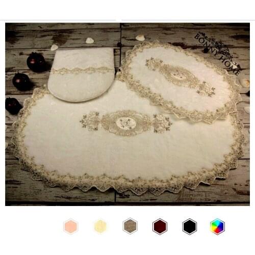 Bonny Home Lisa White 3 Pieces Plush Bath Mat Non Slip Leather Based Machine Washable Lacy Rug Set