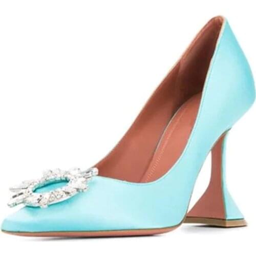 Turquoise Blue Satin Pumps Strange Heel Pointed Toe Formal Party Shoes Women Crystal Badge Embellished Wedding Shoes Plus Size