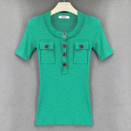 Tee Shirt Women Sexy T Shirt Sleeve Tees Summer Korean Fashion Thin Woman Tshirts Slim Threaded T-shirt Buttons Pocket Clothes