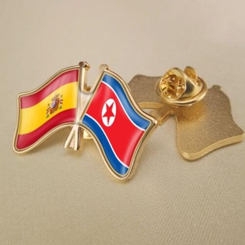 Spain and North Korea Crossed Double Friendship Flags Lapel Pins Brooch Badges
