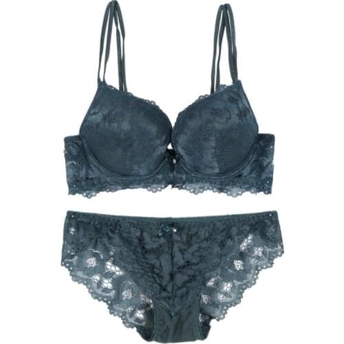 Sexy Lace Bra Set Embroidery Padded Push Up Bra Sets +Bow Lace Brief Women Bra Lingerie Set