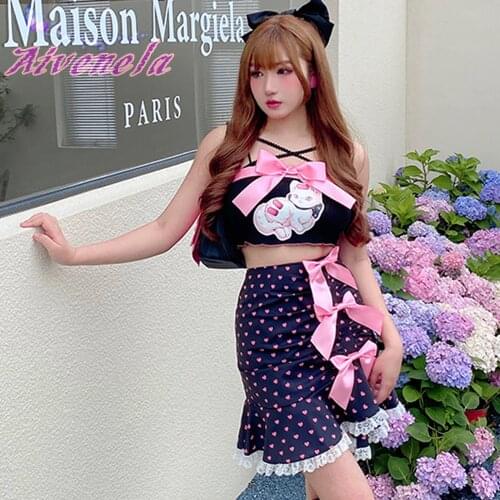 Harajuku Girl Suit Sling Backless Croped Tops High Waist Bow Lace Fishtail Hip Skirts Girls Chic Sweet Clothes Set AFC1112