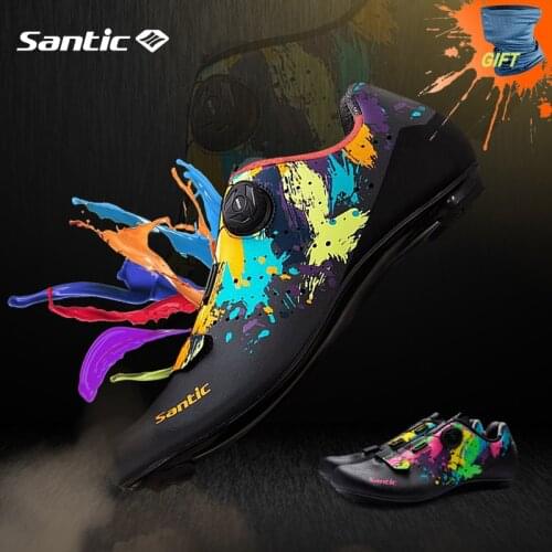 Santic Cycling Shoes Rotating Buckle Bicycle Shoes Lightweight Breathable Graffiti Shoes for Road Bike Men Women Asian Size