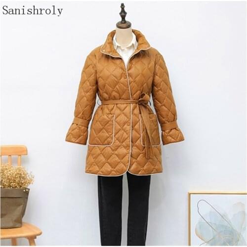 Fashion Women White Duck Down Jacket Parka 2021 Autumn Winter Female Warm Casual Loose Midi Long Coat Outwears Tops With Belt