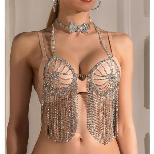 Fashion Exaggerated Round Rhinestone Strap Bra Body Jewelry Sexy Woman Nightclub Personality Multi-tassel Body Chain Accessories