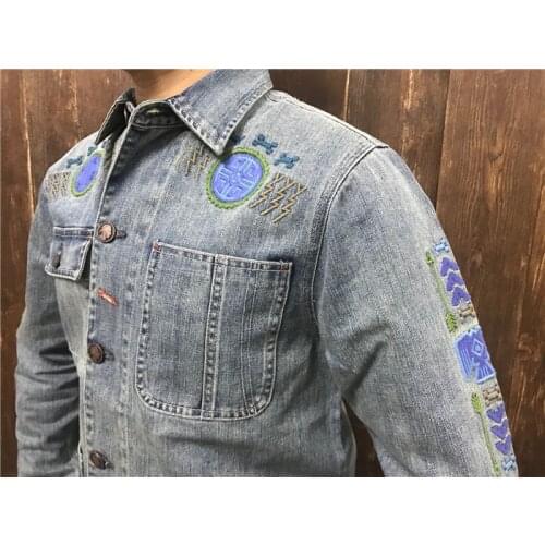 Mens 100%cotton denim jacket vintage jacket western jacket Navajo embroidery