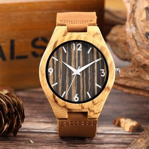 Ultra-Light Wood Stripe Design Mens Wrist Watch Quartz Brown Genuine Leather Watch Band Unique Fashion Man Clock Gifts reloj