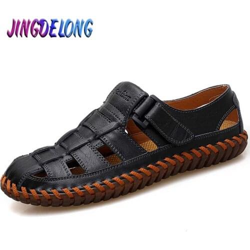 2020 Men Genuine Cow Leather Sandals Outdoor Summer Handmade Men slippers Shoes Men Beach Breathable sneakers Casual Shoes