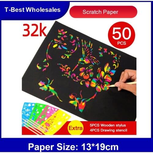 50 PCS Scratch Paper Art Set Rainbow Magic Scratch Paper for Kids Black Scratch with 5 Wooden Stylus 4PCS Drawing Stencils