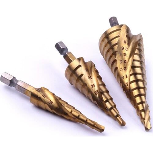 New 3Pcs Hex Shank HSS Titanium Plated Step Drill Bits 4-12/20/32mm Spiral Groove Step Cone Drill Bit for Metal Drilling Tool