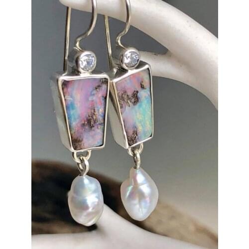 New Retro Boho Tribal Colored Opal And Pearl Dangle Earrings European and American Womens Engagement Earrings