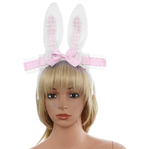 Halloween Costume Accessories Props Women Cute Animal Rabbit Ears Bowknot Front Lace Decor Plush Headband Hair Hoop for Cosplay