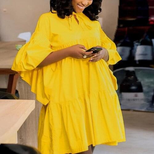 Autumn New Women Shirts Dress Womens Causal Solid Fashion Flare Sleeve Loose Elegant Temperament OL Commuter Simple Dress Hot