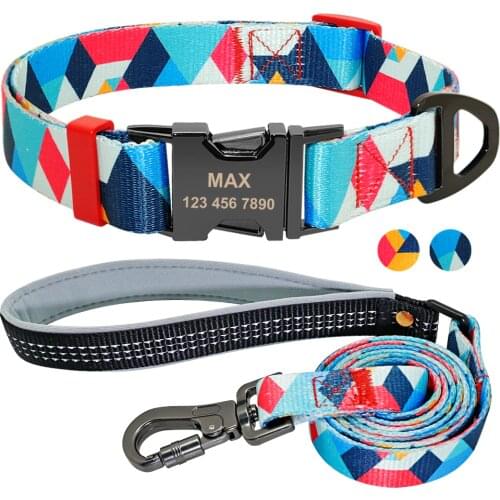 Personalized Dog Collar And Leash Set Plaid Nylon Pet Collars With Engraved Nameplate ID Tag Walking Leash for Small Large Dogs