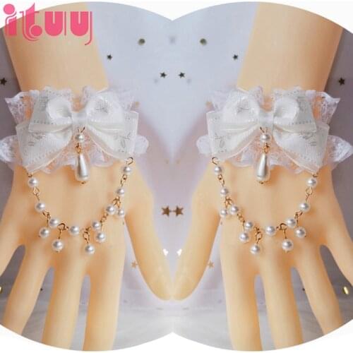 Handmade Japanese Kawaii Lolita KC Hand Sleeve Bowknot Pearl Pendant Lace Hand Sleeve Ornaments Bride Accessories