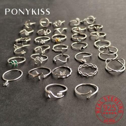 PONYKISS Trendy 100% 925 Sterling Silver Zircon Animals Plant Stars Adjustable Opening Ring for Women Chic Fine Jewelry Gift