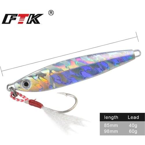 FTK 40g/60g Fish Hook High-Carbon Steel JIig Metal Plate Simulation Fishing Shape 3D Eye With Noctilucent Effect Length 85/98MM