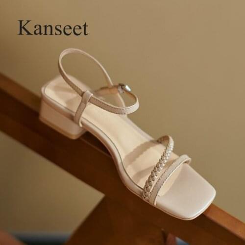 Kanseet Fashion Weave Genuine Leather 2021 New Summer Women Sandals Daily Party Dress Female Sandals White Black Mid Heels Shoes