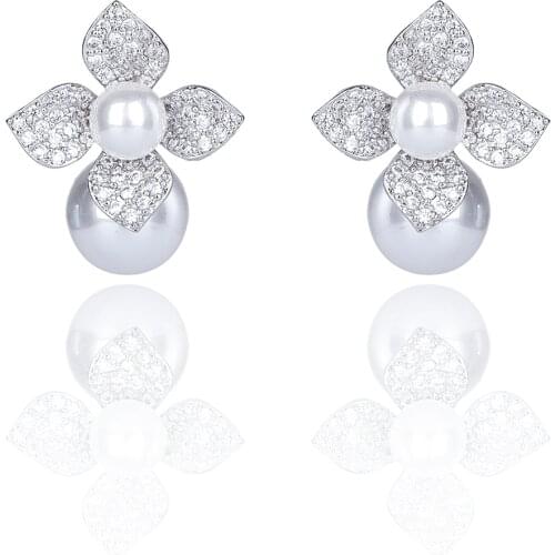 Pearl Cubic Zircon Stud Earrings for Wedding, Crystals Flower Earring for Bride, Women Girl Gift CE10529