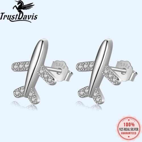 Trustdavis 100% 925 Solid Real Sterling Sweet Plane Airplane CZ Stud Earrings Gift For Women Girls Kids Lady Jewelry DA305