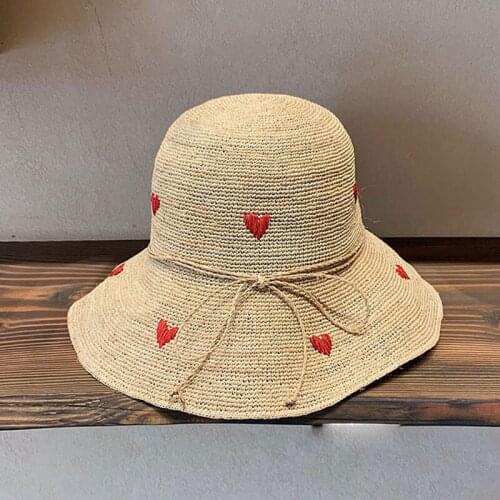 Fashion Raffia Sun Hat Female Summer Hand-woven Heart-shaped Embroidery Bucket Hat Beach Anti-UV Korean Foldable Casual Bape Cap