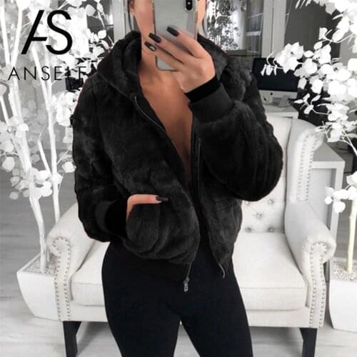 Anself Plus Size Fluffy Jacket Women Faux Fur Coat Hooded Neckline Long Sleeve Zipper Ribbed Casual Warm Outerwear Short Tops